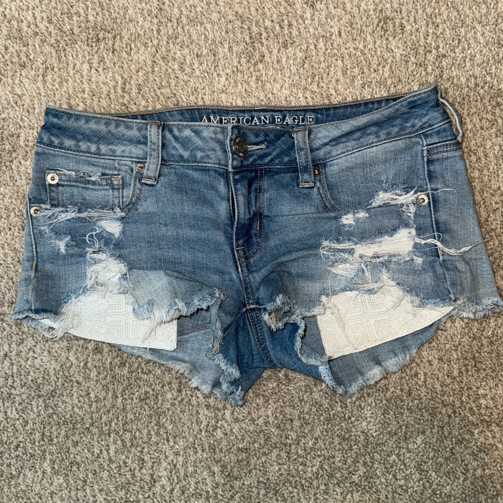 American Eagle Outfitters Blue Jean Shorts with Lace Pockets - Picture 2 of 5